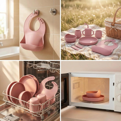 Set 6+ 9pcs Silicone Baby Feeding BPA-Free Food Grade Silicone, Suction Plate, Bib, Training Cup & Utensils for Baby
