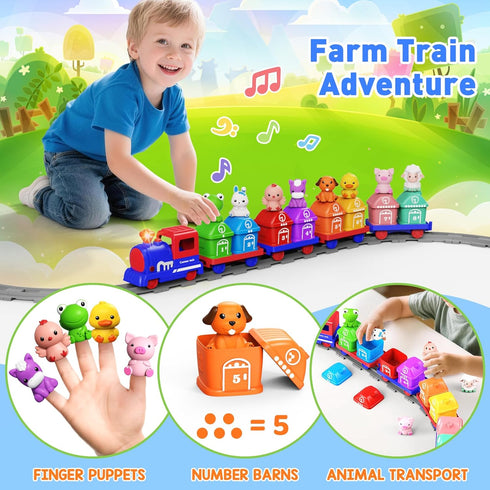 Set 2-4, Counting 1 2 3 Train for Toddlers Electric Toy Train with Farm Animals & Music & Lights, Montessori & Sorting