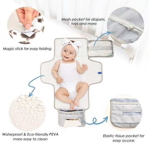 Portable Changing Pad for Baby, Black Cow Travel Diaper Changing Pad Waterproof Changing Mat with Built-in Pillow