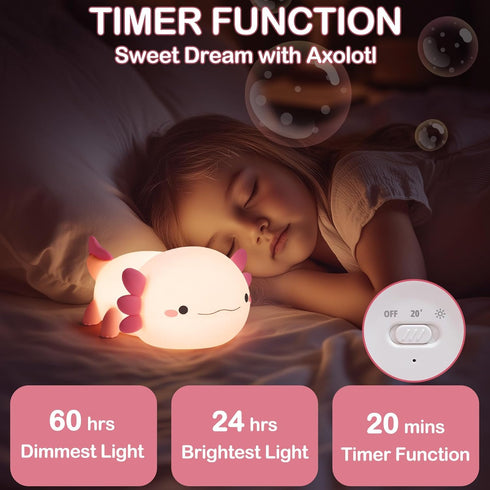 Dimmable Axolotl Lamp, Axolotl Cute Night Light Gifts, Rechargeable Bedside Nightlight, Squishy Silicone Animal Touch