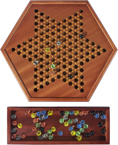 15" 16mm 60+12 VAMSLOVE Chinese Checkers Large Upgraded Version Wooden Game Board, Colorful Glass Marbles, Easy