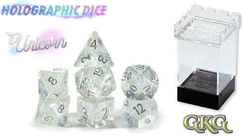 Gate Keeper Games and Dice: Holographic Dice - Unicorn 7pc Set, Transparent Holographic Glitter Swirl