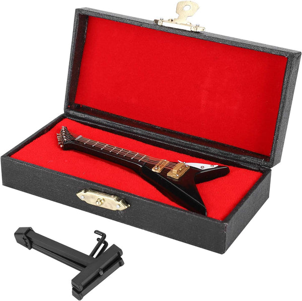 Pssopp Wooden Miniature Electric Guitar, Mini Black Dollhouse Guitar Model with Stand and Case