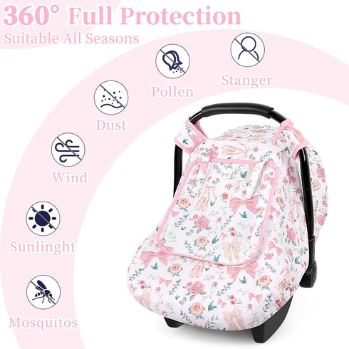 2 Cozy Baby Car Seat Cover Winter, Windproof Carseat Covers for Newborn with Layers Window, Pink Flowers Infant Car