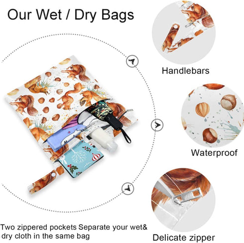 visesunny 2Pcs Cute Squirrel Hazelnut Diaper Changing Totes Wet Bags with Zippered Pockets Washable Reusable Roomy