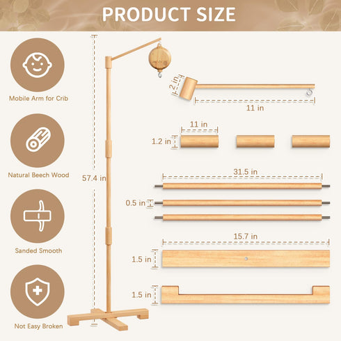 57.4 Inch FEISIKE Baby Crib Mobile Arm with Music Box Spin Motor, Mobile Arm for Crib Wooden Nursery Decor Hanger