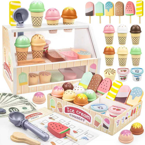 Minnot Wooden Ice Cream Toys 32 pcs Pretend Ice Cream Play Set with