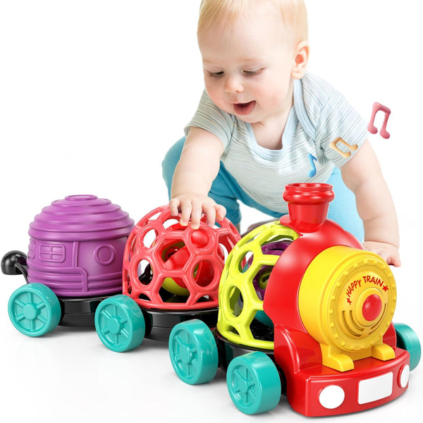 Baby Toys Train, Infant Toys 6-12 Months, Soft Ball Rattles and Musical Push Car Truck for Toddlers