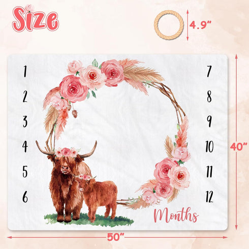 Highland Cow Baby Monthly Milestone Blanket, Floral Scotland Photo Prop Blanket for Newborn Nursery Gift Ideas 40" X 50