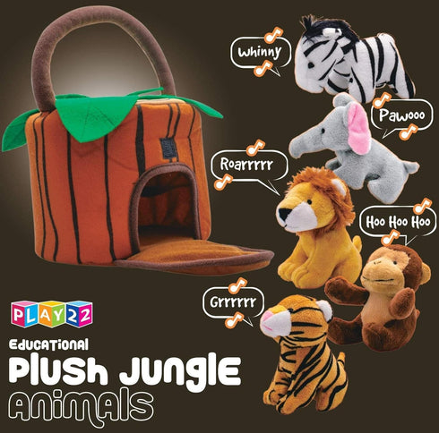 Play22 6-Piece Set Plush Talking Jungle Animals with Carrier for Kids, Babies & Toddlers - Elephant, Tiger, Lion