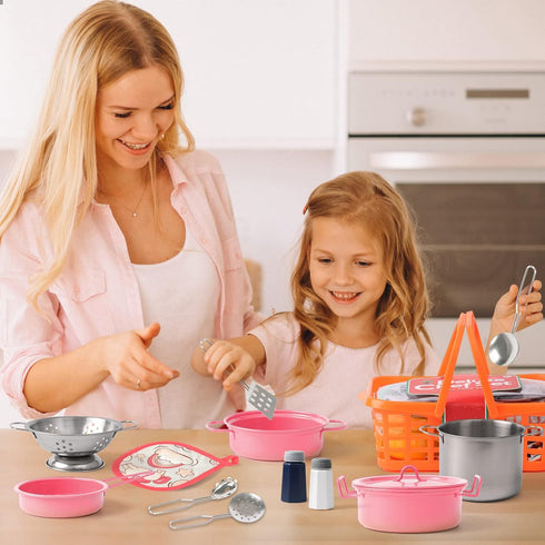 Kids Play Kitchen Toy Accessories Set, Colorful Stainless Steel Pots and Pans, Birthday Gifts for 3+ Girls Boys (Pink)