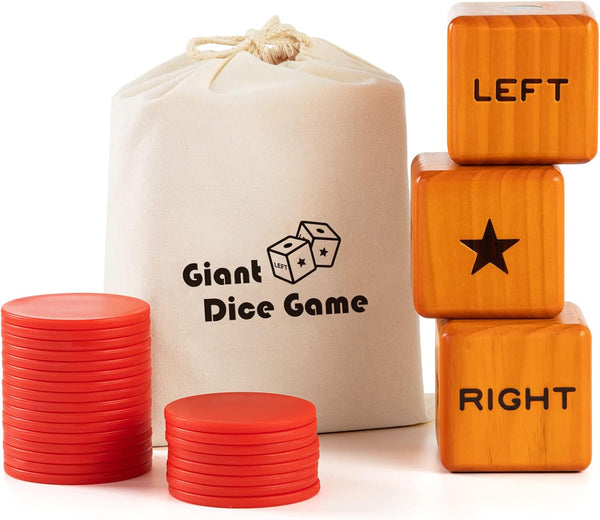 Giant Right Center Left Dice Game with 24 Large Chips & Carry Bag, 3.5" Wooden Outdoor Lawn Dice Game