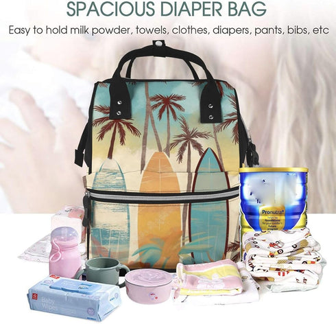 DWVTSLH Backpack Mummy Backpack Surfboard Palm Tree Diaper Bag Multifunction Nappy Bags Waterproof Large Capacity