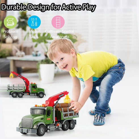 15" 6 3 4 5 6 Wenbeier Farm Truck Toy for Kids Large Timber Truck with Loading Crane and Woods - Log Truck with Sound