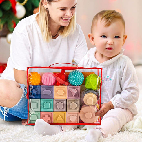Springflower 3 in 1 Montessori Toys for Babies 0-12 Months - Soft Teething Toys & Stacking Blocks, 23 PCS