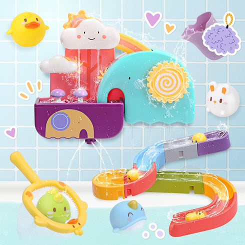 CUTE STONE Baby Bath Toys, No Hole Floating Squirting Bathtub Toy W/ Water Slide Building Track, Duck Fishing Net Game