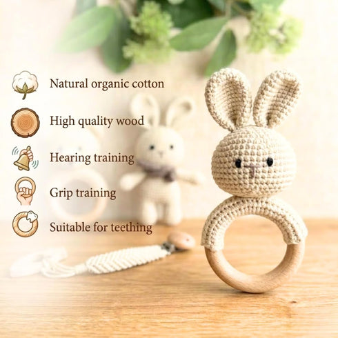 Generic Set 0-12 Organic Crochet Bunny Baby Rattle Toy - Handmade Newborn Gift with Teether & Pacifier Holder