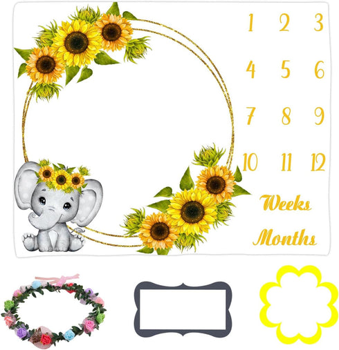 Sunflower Baby Age Blanket, Cartoon Elephant White Baby Growth Chart Memory Blanket, 48x40 Inch Newborn Swaddling Blanket Monthly Baby Milestone Blanket BTLSLY271 by LYLYCTY