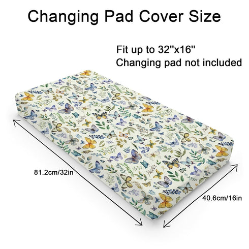 Watercolor Butterflies Boho Leaves Changing Pad Covers Colorful Butterflies Green Leaf Fitted Baby Changing Table Sheets for Boys Girls Soft Breathable Stretch Diaper Changing Table Mats 32''x16''