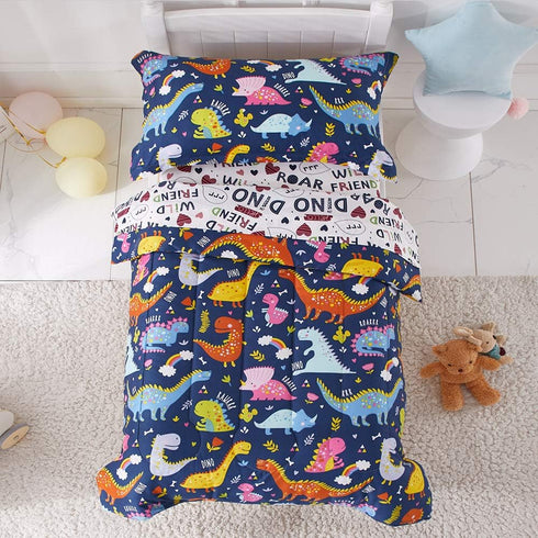 Joyreap 4 Piece Toddler Bedding Set, Standard Size Colorful Dinosaur Printed on Navy,
