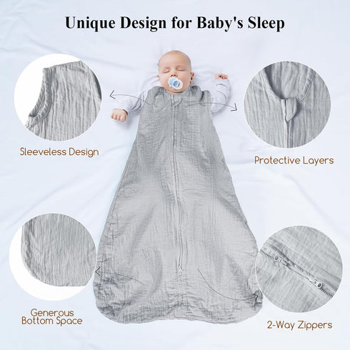 david's kids Muslin Cotton Baby Sleep Sack 6-12 Months, 2 Pack, 100% Cotton, TOG 0.5, White & Grey, Soft Wearable