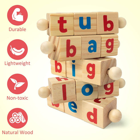 Coogam Wooden Reading Blocks Short Vowel Rods Spelling Games, Flash Cards Rotating Letter Puzzle for Kids