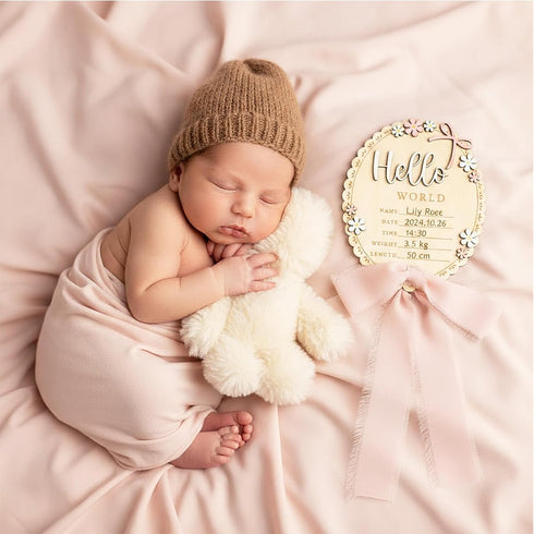 Tucnoeu Baby Announcement Sign, Wooden Hello World Newborn Welcome Sign, Bow Birth Stats Signs Newborn Photo Prop