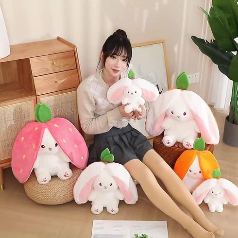 MIAODAM 10-Inch Cuddly Bunny Stuffed Animal, Kawaii Plush Rabbit Doll with Carrot Strawberry Pillow for Baby