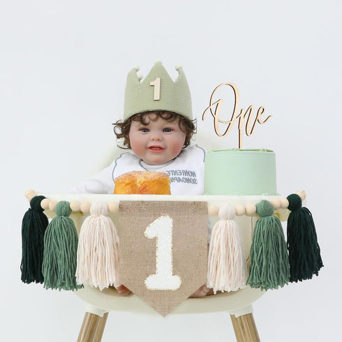 Set Wooden Bead Tassel Garland High Chair Decoration with Crown Hat and Cake Topper