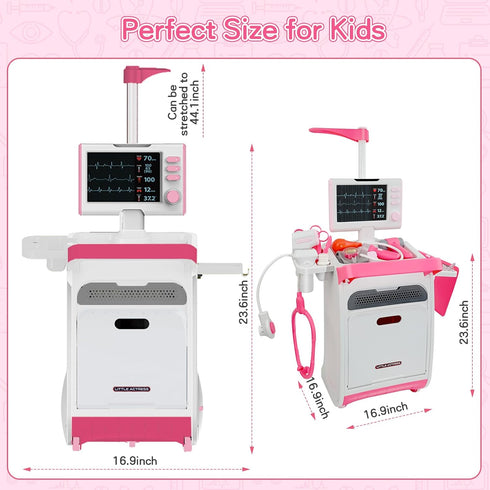 Pink Doctor Kit for Toddlers 3-5 - Pretend Doctor Play Set with Cart, Stethoscope, and Thermometer for Kids 6-8
