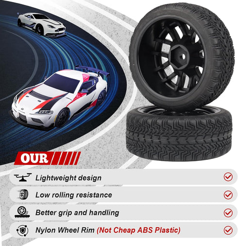 Hobbypark 4-Pack Rubber Tires & Wheels, OD 2.56'' for 1/10th Scale RC Touring Car