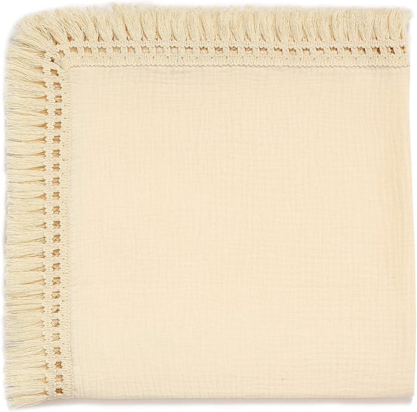 insular Cotton Muslin Baby Blanket with Tassel, Boho Swaddle Blanket with Fringe, Nursery Decor Throw 47" x 40”, Beige