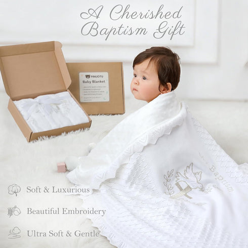 100% 39.4 39.4 Baptism Knit Baby Blanket with Minky Dot Lining, Cotton Christening Blanket x in, Embroidered Cross