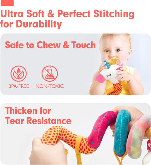hahaland Car Seat Toys for Babies 0-6 Months Girl - Rattle, Mirror, Crinkle, Squeaky Stroller Toys for Development
