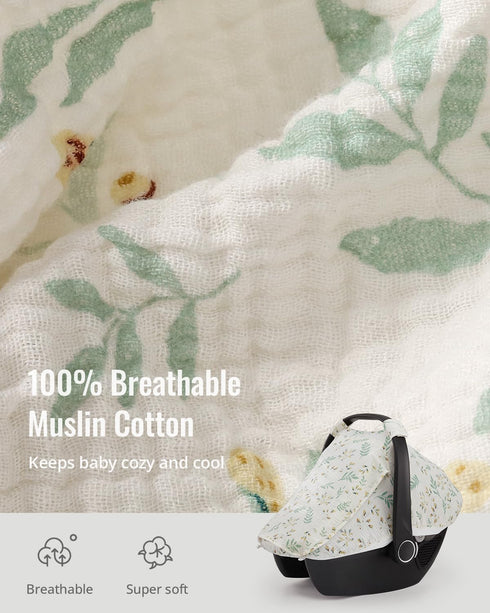 Blissful Diary Baby Car Seat Cover, Extra Large Mesh Window, Breathable Muslin Cotton, Infant Windproof Canopy