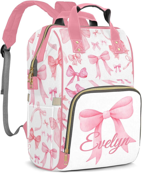 Perarts Pink Bow Personalized Diaper Bag Backpack for Baby Boy with Name, Custom
