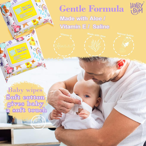 180 Count 7.4 7.2 Inch, HAPPY BUM - Saline Baby Wipes, Unscented, x Moist and Refreshing, Multi-Purpose Use, Ideal