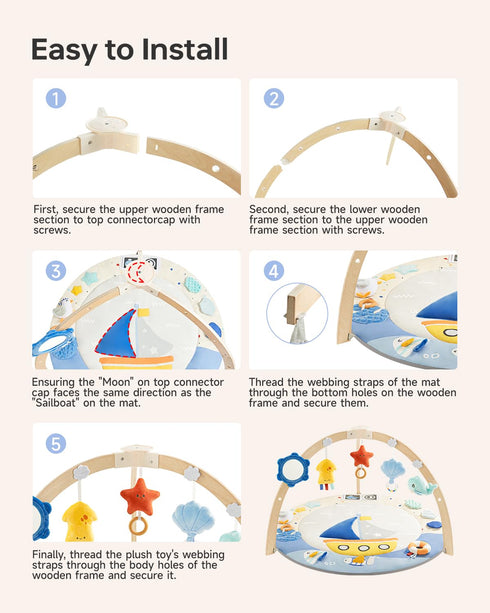5 Tummy 7 BG-BABYGO Baby Play Gym Activity Mat, Developmental Zones Wooden Time Mat with Detachable Sensory Toys
