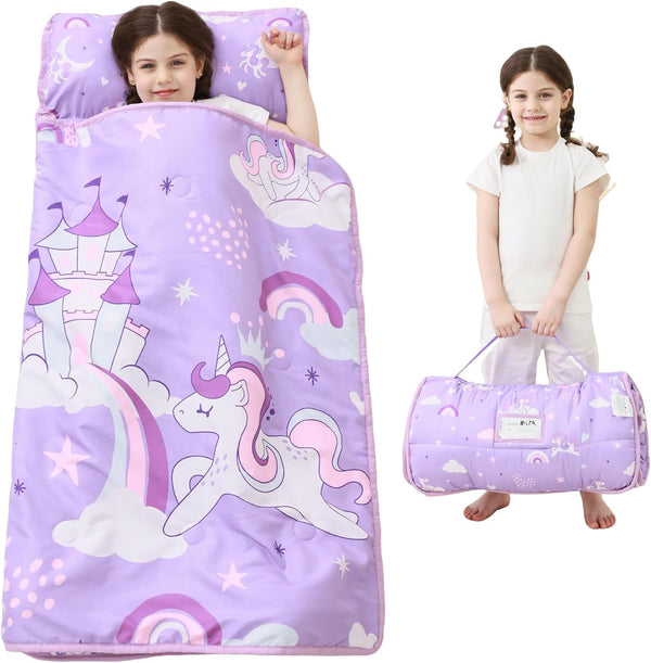 lasoftan Toddler Nap Mat with Pillow and Blanket, Extra Large Rolled Napping Mats,Slumber