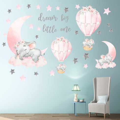 WEWINLE Dream Big Little One Elephant Wall Stickers, Pink Moon Hot Air Balloon Grey Stars Wall Decals for Nursery Kids