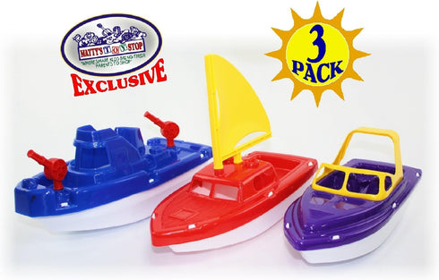 Set Sailboat Set 3 Pack Matty's Toy Stop Plastic Boats (Red), Speedboat (Purple) & Fireboat (Blue) Gift Bundle, Perfect