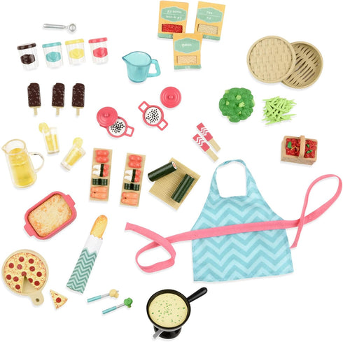 Lori Play Food for Mini Dolls, Cooking Accessories for 6-Inch Dolls, Pizza, Sushi, Dessert, Dollhouse Set for Kids