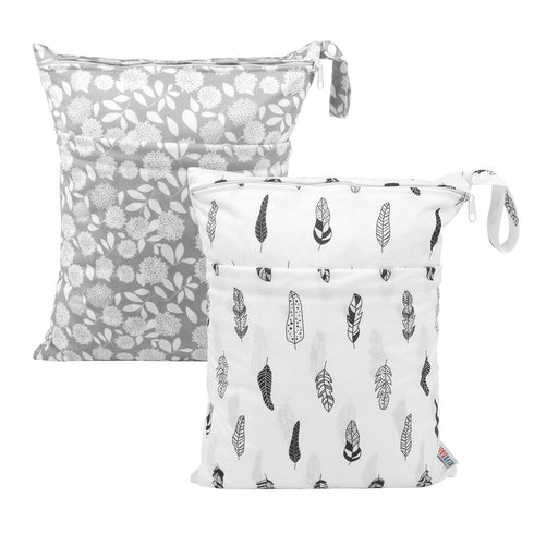 ALVABABY 2pcs Cloth Diaper Wet Dry Bags, Waterproof Reusable with Two Zippered Pockets for Travel, Beach