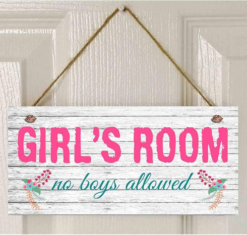 Girl's Room Sign - No Boys Allowed, 5" x 10" Nursery Decor Door Plaque Birthday Gift (E2-WH065)