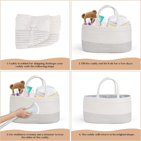Luxury Little Diaper Caddy Organizer, Extra Large Cotton Rope Nursery Basket for Baby Diaper Storage, Portable Car