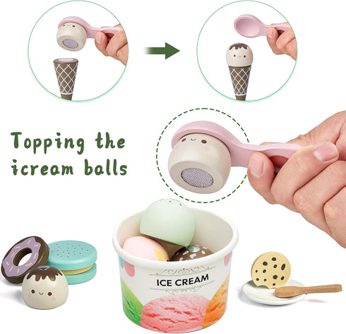 medoga 3-in-1 Counter 28 3 4 5 6 Wooden Ice Cream Toy, Ice Cream with Coffee Maker PCS Toddler Pretend Play Kitchen