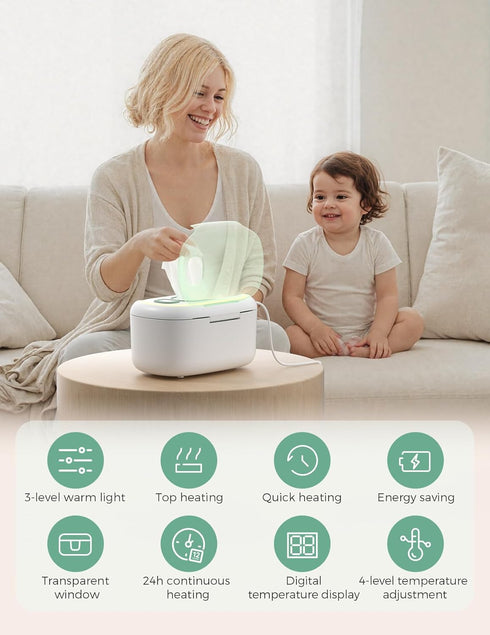Momcozy 100pcs 10-Min 4 3-Level New Baby Wipe Warmer, Larger Capacity Wipe Dispenser, Fast Heating with Temperature