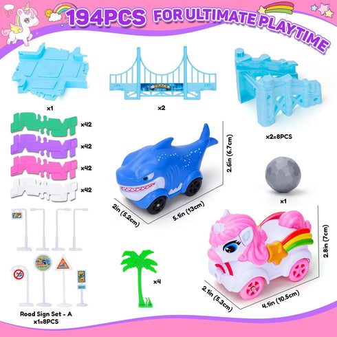 3 4 5 194PCS 4-8 3-6 6-8 Race Track Toys for Year Old Girls Gifts: Unicorn & Shark Flexible Racetrack for Kids Ages |