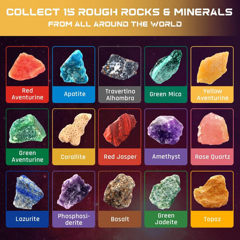 PIBEX Gemstone Dig Kit, 3-IN-1 Solar System Excavating Set, 15 Genuine Rocks & Minerals, STEM Project Toy Gift for Kids