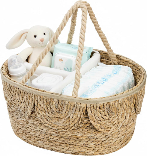 Lawei Little Diaper Caddy Organizer, Handwoven Natural Rush Grass Nursery Baby Basket